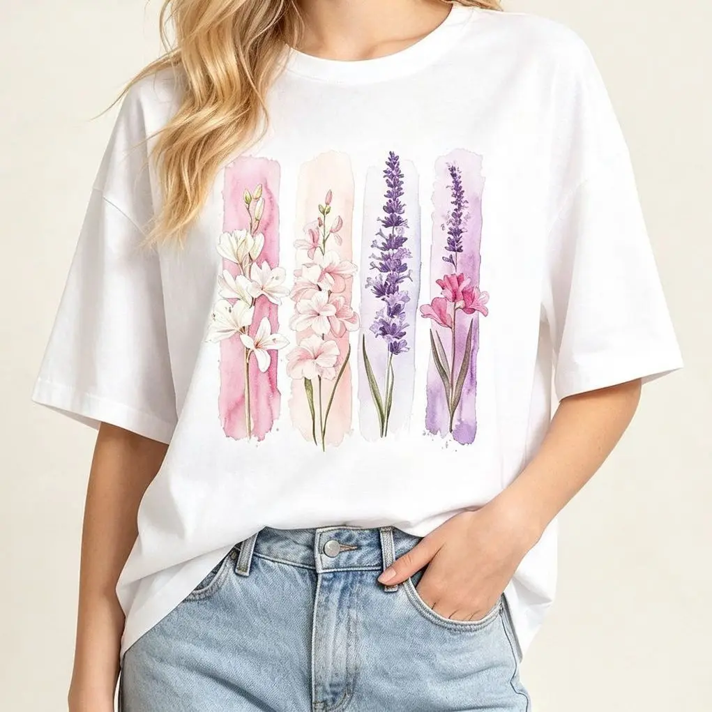 French Women Summer Casual Tee Top 100% Cotton Pastel Floral Botanical Art Print Crew Neck Short Sleeve Loose Fit Boho T‑Shirt
