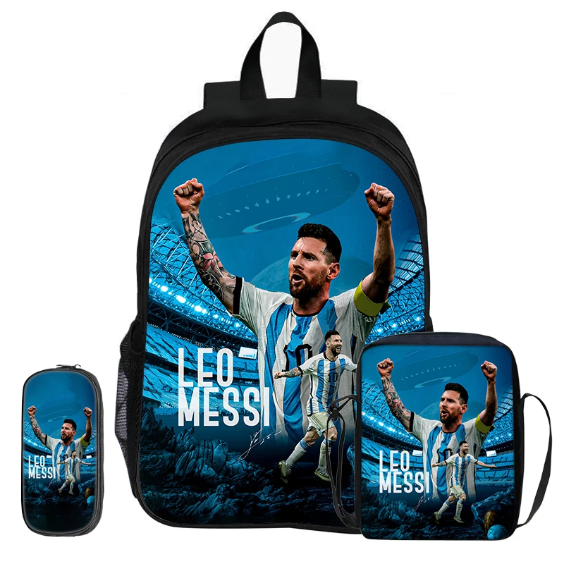M-Messi 3Pcs Set Backpack Shoulder Bags Pencil Bags Bookbag Football Star Rucksack child Mochila Sports Schoolbag Kids Gift
