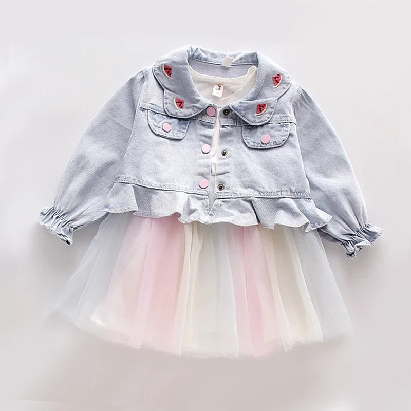 Fashion 0-4yrs Baby dress for girl denim jacket + gauze dress spring autumn fashionable fluffy princess dress