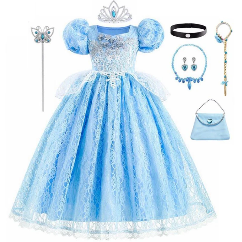 

Blue Princess Cinderella Dress For Halloween Christmas Lace Ball Gown Party Girls Cosplay Princess Costume Kids Clothes 3-10Y