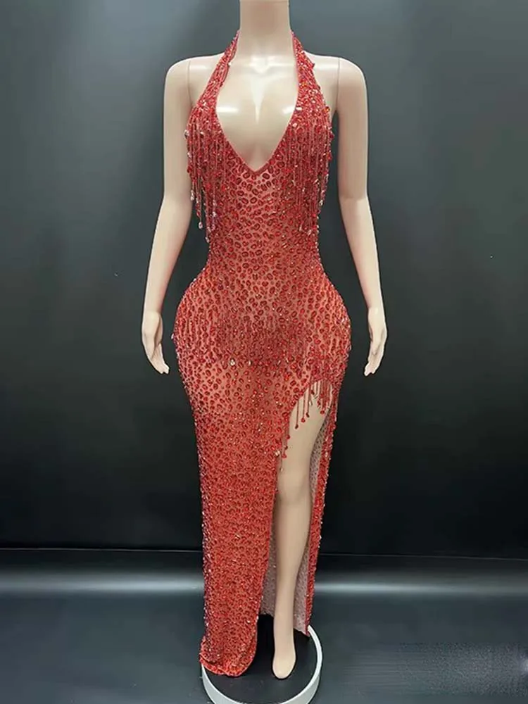 Hoge kwaliteit hot stamping en heldere diamanten hanger sexy hangende nek blote rug jurk 2025, nieuwe mode aangepaste dameskleding