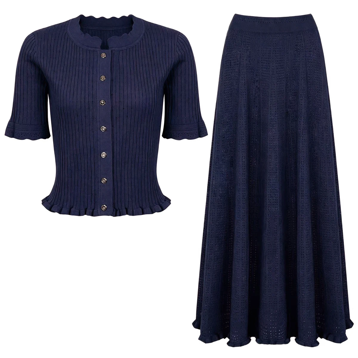 26266 High-Quality Summer-Autumn New Fashion Women's Ruffled Collar Short Sleeve Cardigan + Cut-Out Midi Dress Slim Fit Set