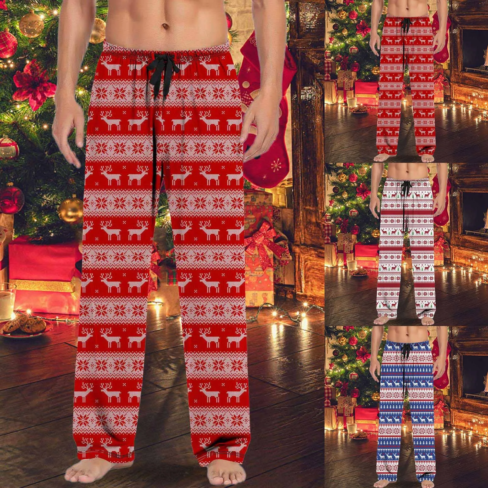 Mens Casual Red Elk Print Christmas Pajamas Pants Casual Loose Funny Christmas Home Party Wear Loungewear Leisure Trousers