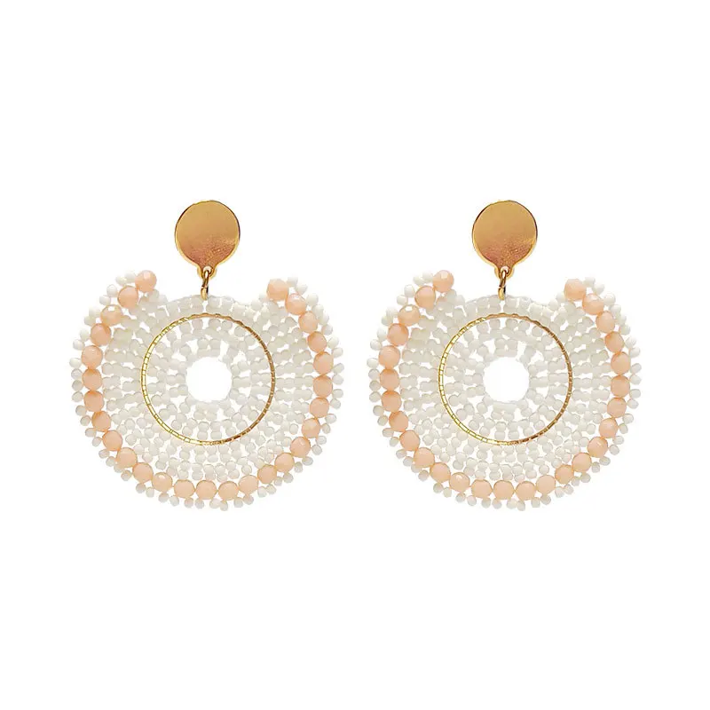 Beaded earrings Roundness Originality Hand knitting Design Bohemia Crystal Tide Alloy Female Versatile Simple Rice bead earrings