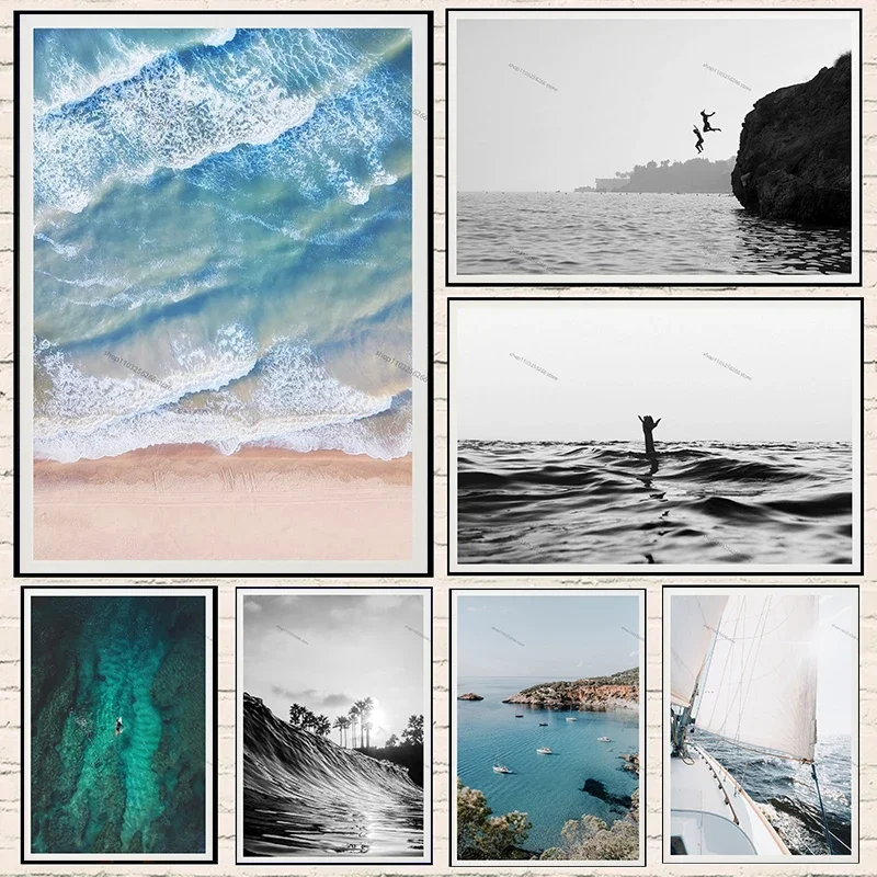 Beach Cliff Jump Ocean Waves Beach House Landspace Posters Hd Prints Canvas Painting Nature Wall Art for Living Room Home Decor