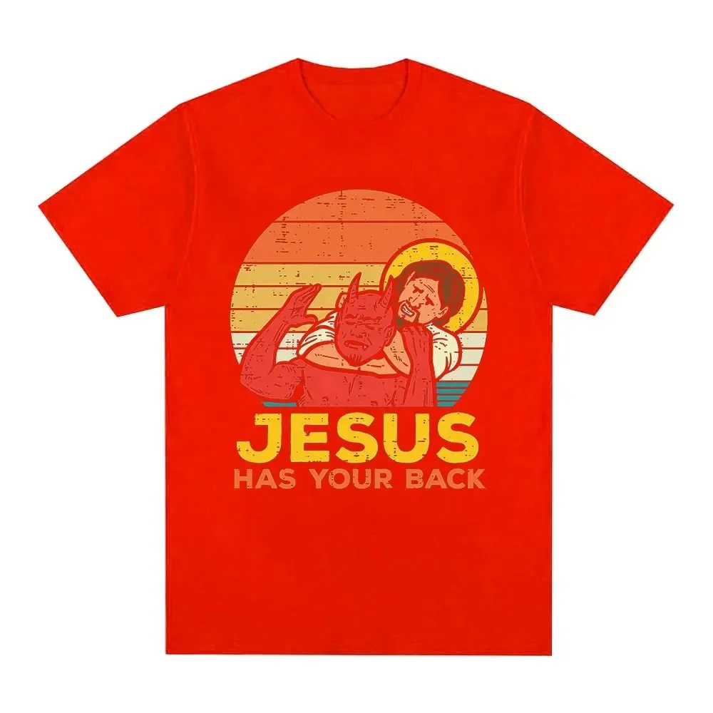 Funny Jesus Has Your Back Jiu Jitsu Retro Christian T-shirt Men\'s 100% Cotton Fashion High Quality Oversized T-shirts Streetwear