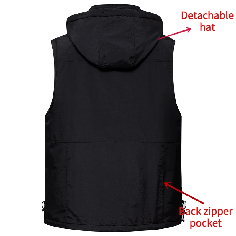 Autumn Winter Thickened Vest Men Multi-Pocket Fleece Warm Detachable Hooded Vest Outdoor Climbing Photography Fishing Tank Top