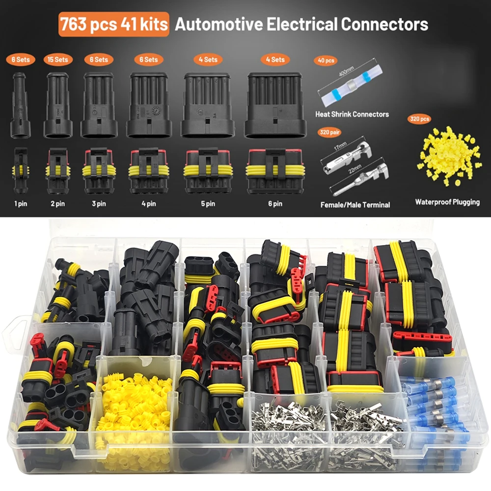 

763 шт. 41 комплект водонепроницаемых разъемов, комплект автомобильных электрических проводов, разъем 1/2/3/4/5/6-контактный разъем для проводов 16-22 AWG