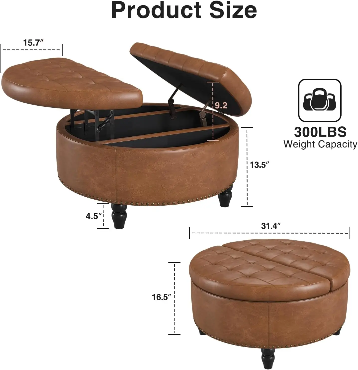 Modern Leather Round Storage Ottoman With Lift Top, Circular Button Tufted Coffee Table Footrest Stool With Solid Wood Legs For Living Room Bedroom Entryway, Brown