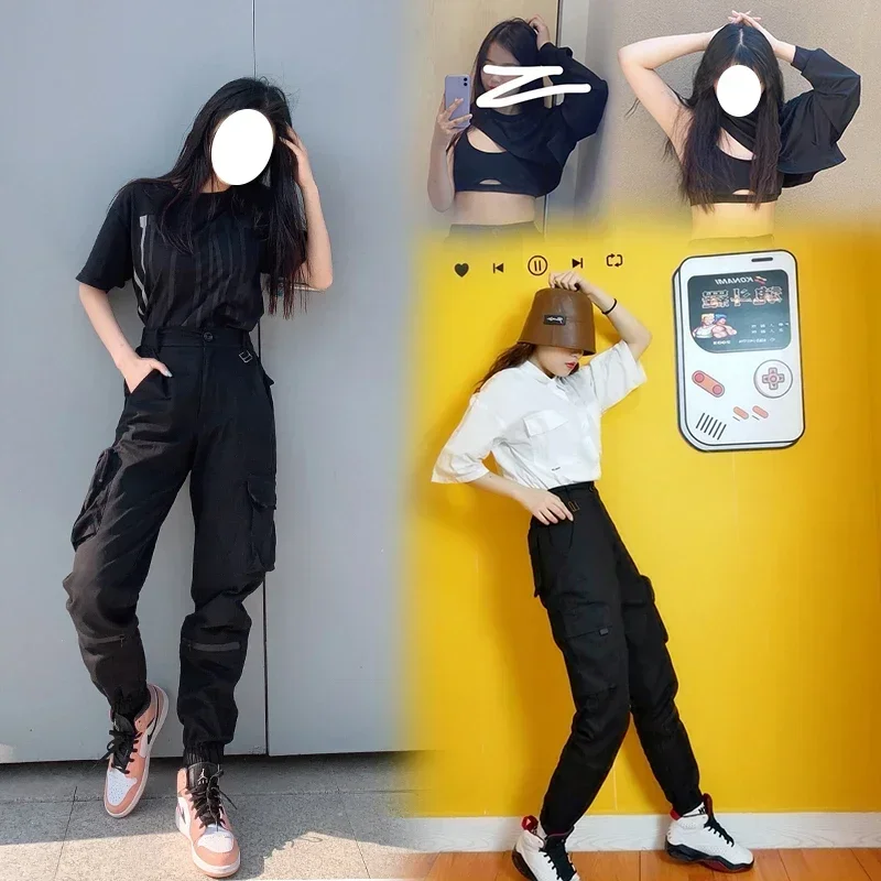 Kpop Black Slim Vest Tops Women One Shoulder Hoodies Women Korean Singer Hip-Hop Cargo Pants Straight Trousers Outfits