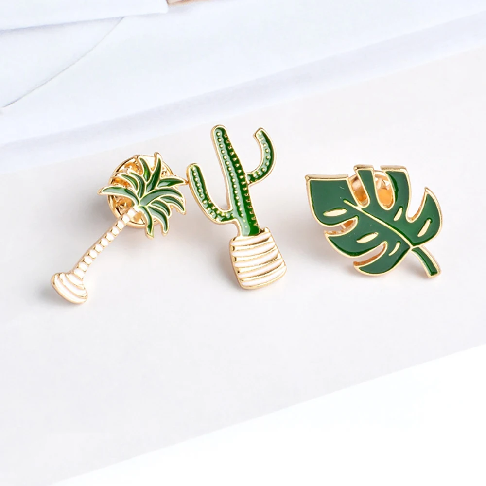 Lovely Green Potted Plant Brooch Cartoon Leaf Monstera Coconut Tree Enamel Badge Collar Cloth Accessories Lapel Pin Jewelry Gift