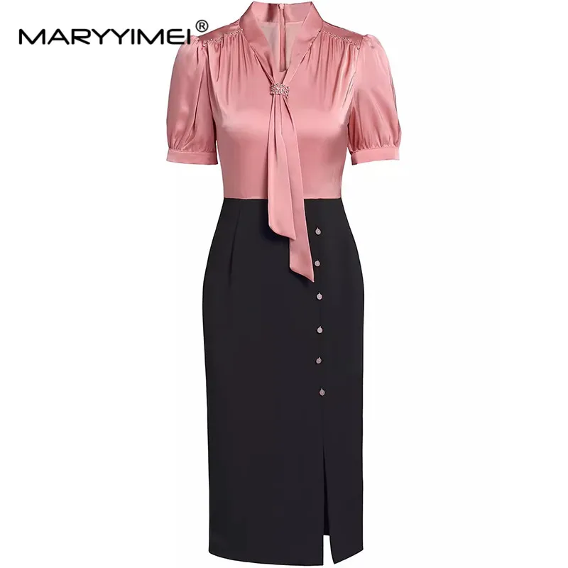 

MARYYIMEI Summer Women's Pencil Dress Short Sleeved Beading Color Block Splicing Commuter Office Lady Slim Dresses