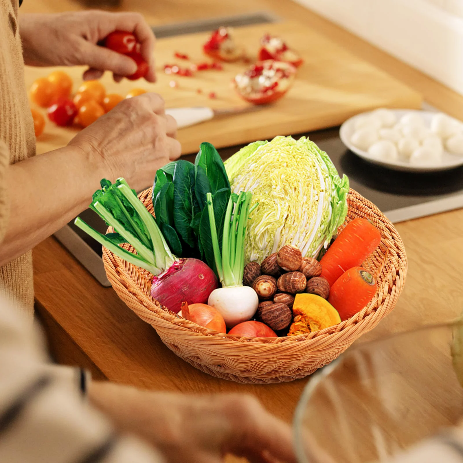 

Imitation Rattan Fruit Basket Storage Plastic Woven Brown Pp Tabletop Small Baskets Living Room Kitchen Decor Home Gifts Sturdy