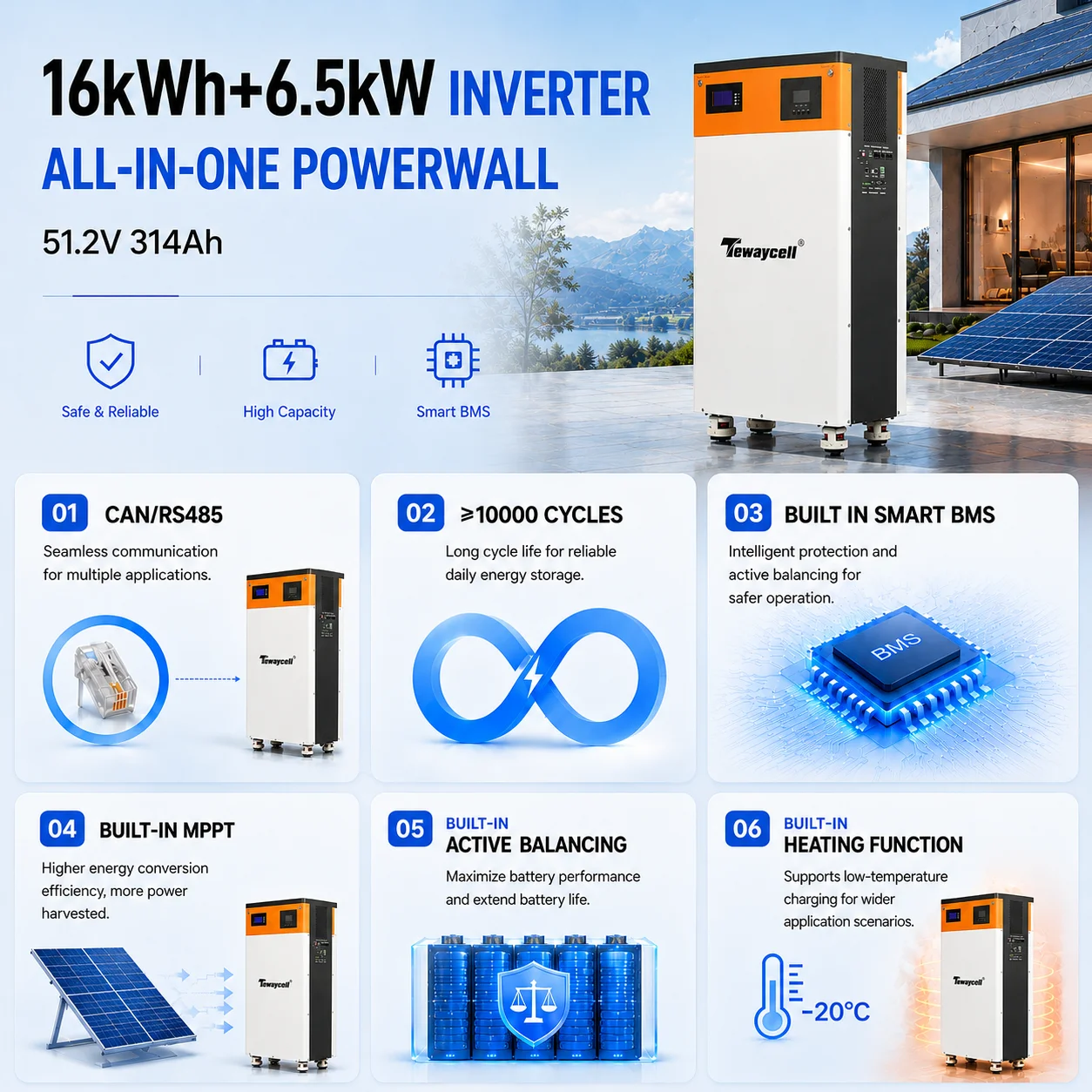 16kWh All-in-One Solar Energy Storage System 51.2V 314Ah LiFePO4 Home Battery with Built-in 6.5kW Inverter