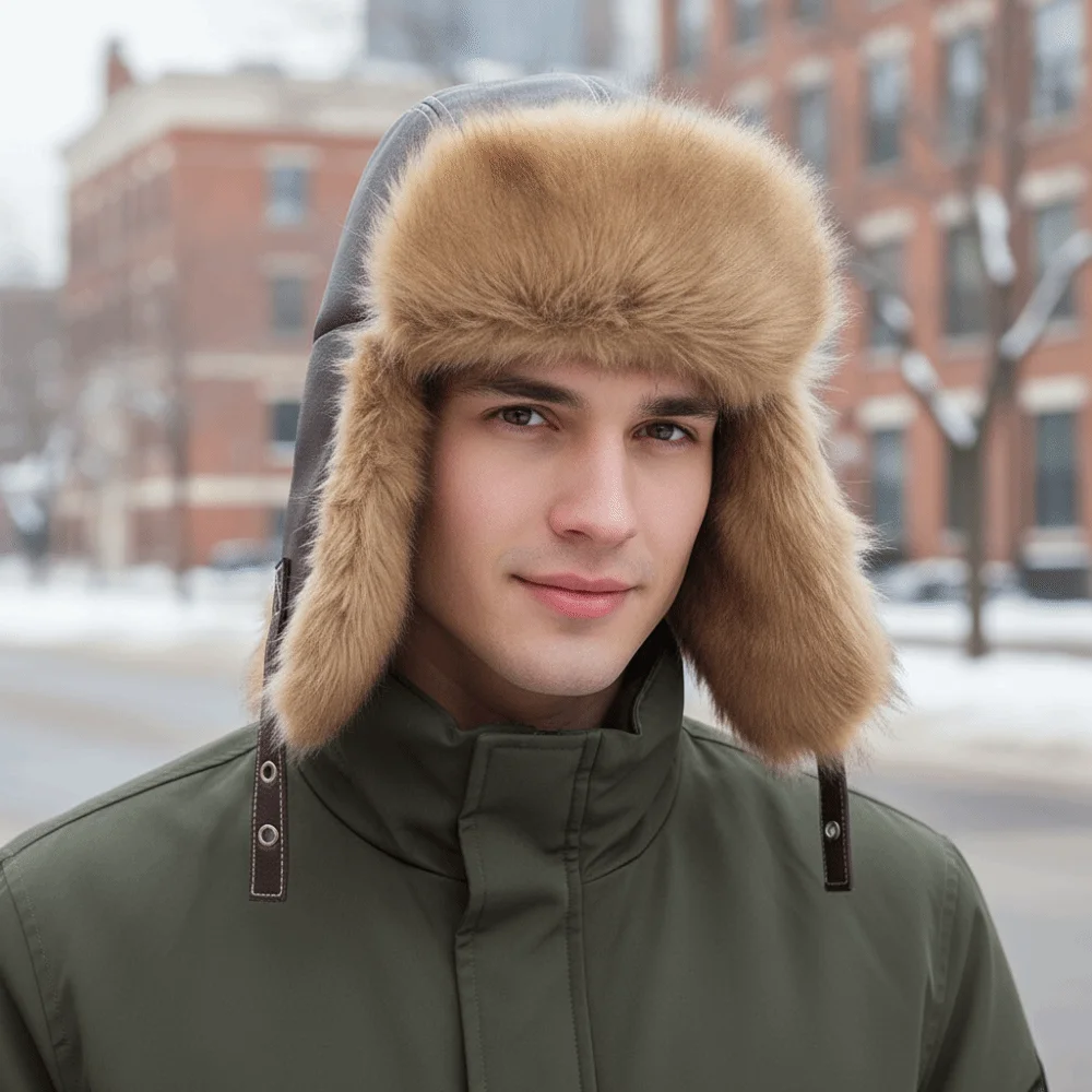 عارضة بو الجلود الشتاء الطيار قبعة قبعة قبعة قبعات مكافحة الضباب الدراجات لى فنغ قبعة دافئة سميكة أفخم قبعة التزلج