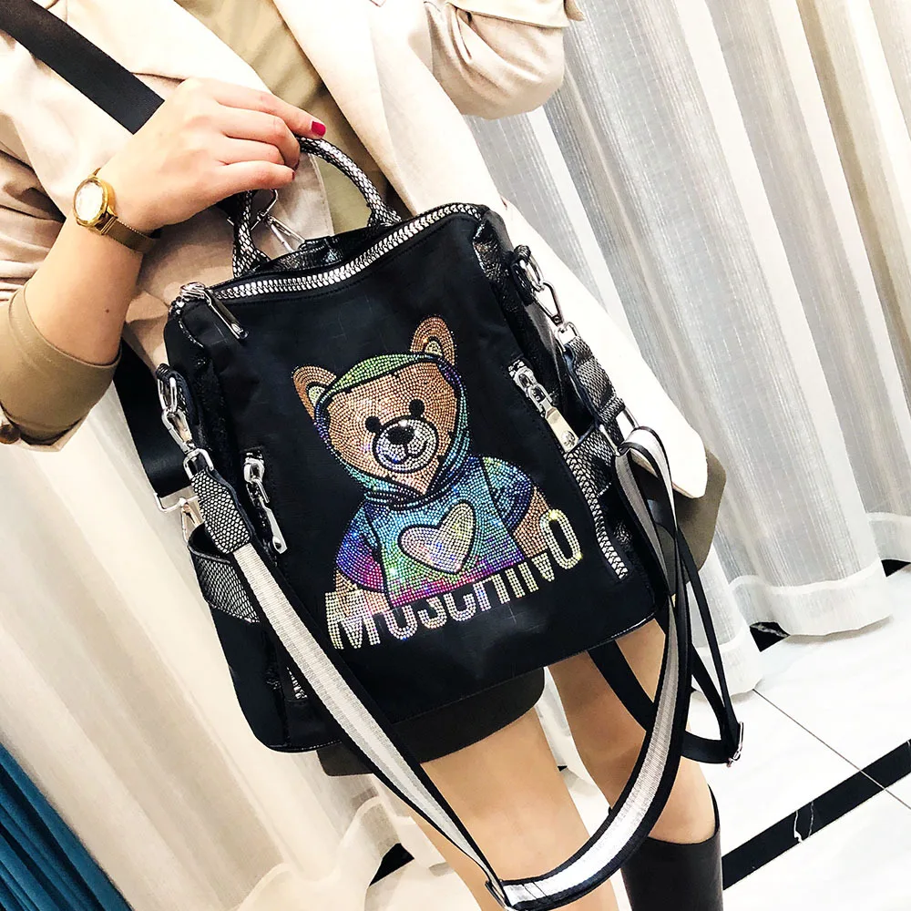 Mochila urso bonito com diamantes coloridos, bolsa de ombro de grande capacidade, mochila de luxo feminina, nova chegada, 2022