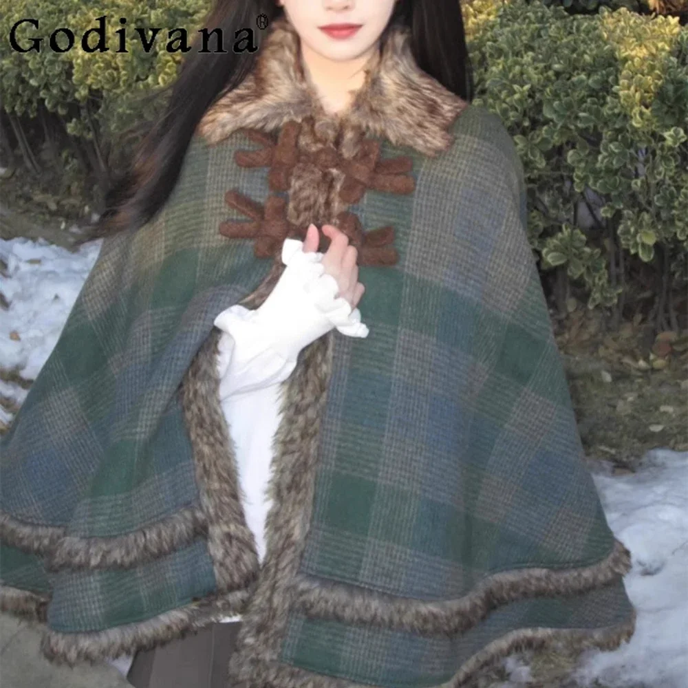 

Japanese Gentle Plaid Shawl Cape Woolen Coat Women's Winter Sweet and Cute Woolen Coat Tide