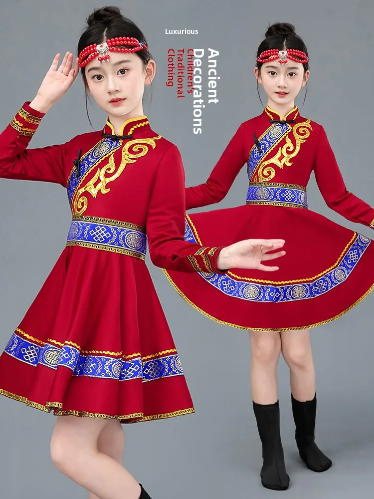 

Children's Mongolian Ethnic Costume Girls' Mongolian National Robe Chopstis Dance Performance Clothing Prairie White ...
