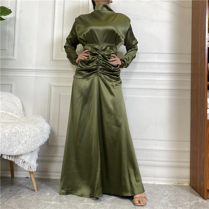 

Eid Abayas Muslim Women Satin Dress Ruffle Pleated Evening Party Gown Arabic Slim Turkish Long Dress Islam Vestidos Dubai Kaftan