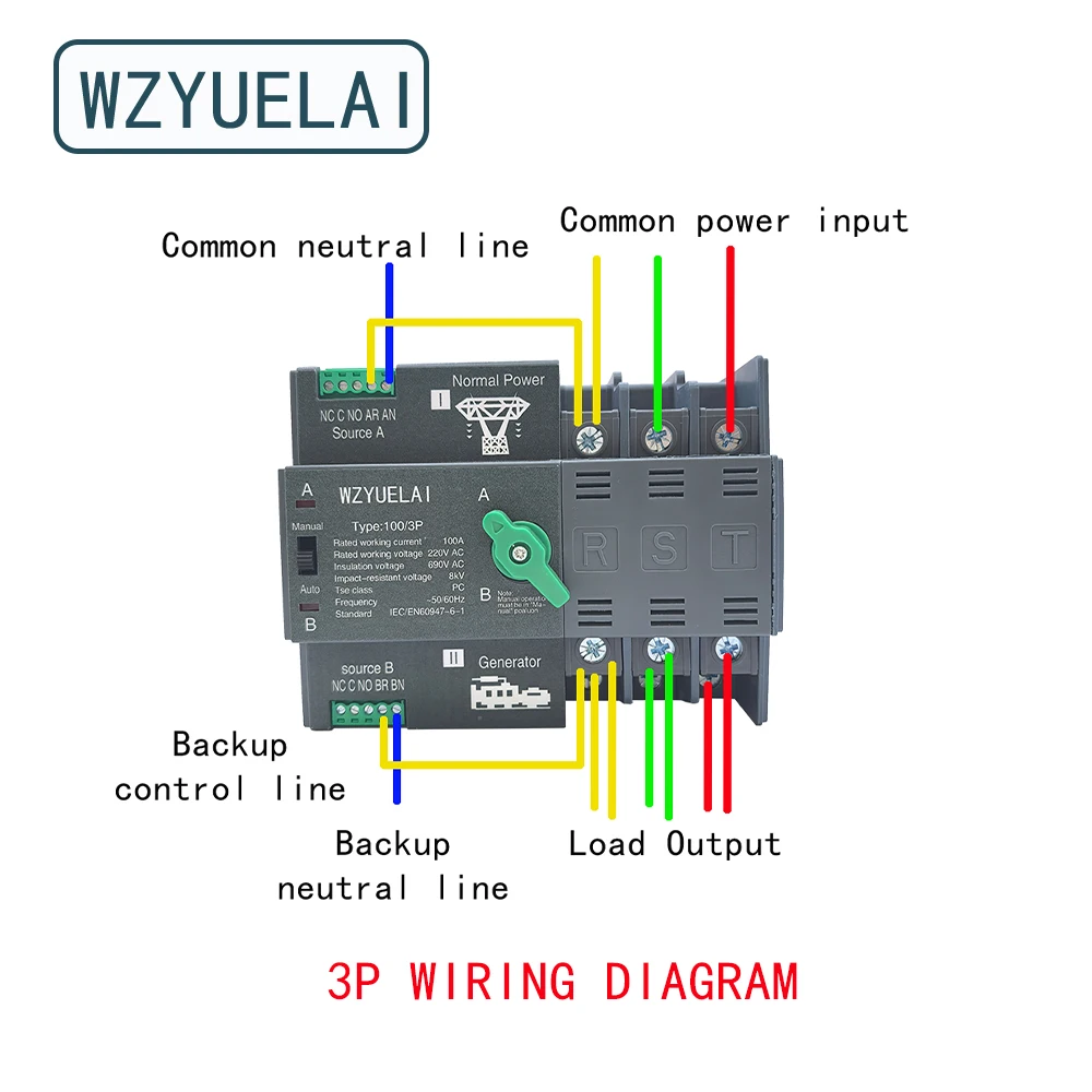 2/3/4P 32A/ 63A/ 100A 220V ATS Automatic Transfer Switch Electrical Selector Switches Dual Power Switch PV Solar Energy Din Rail