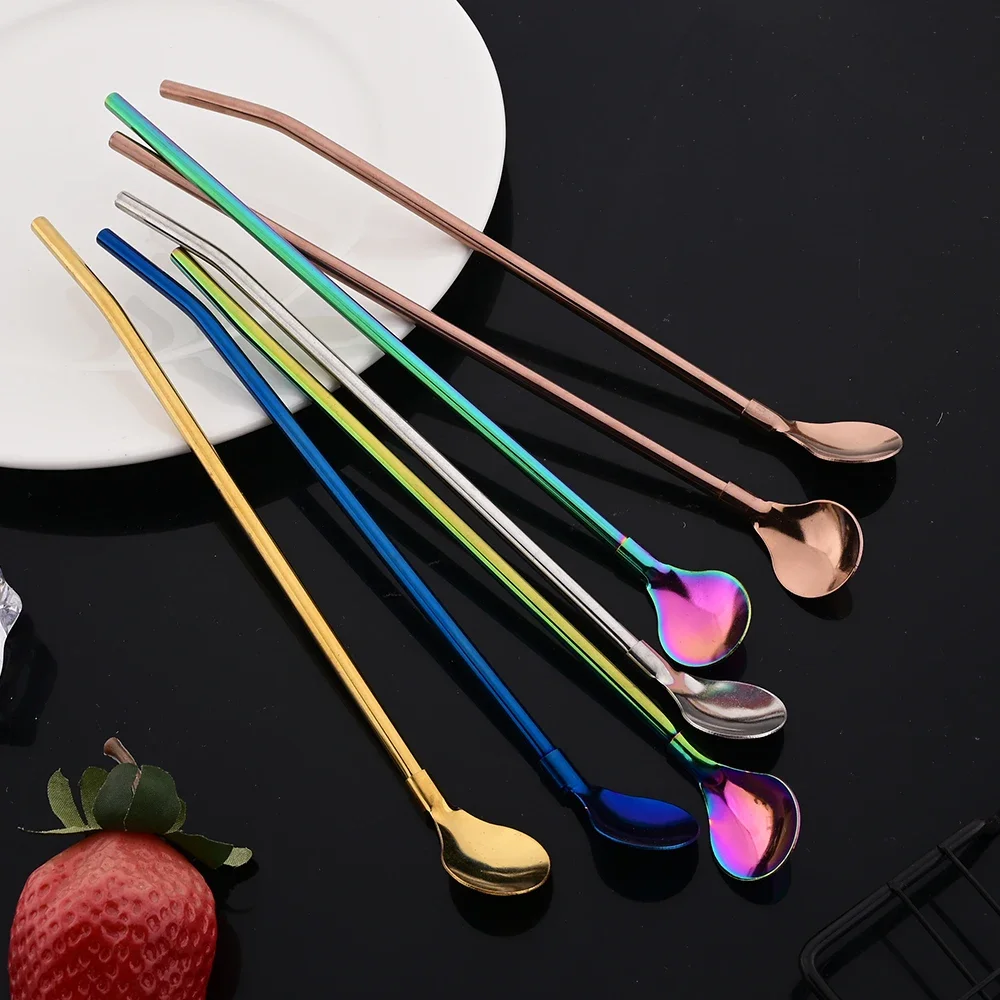 6Pcs Reusable Straw Spoon 18/10 Stainless Steel Colorful Straw Cocktail Drinking Straw Spoon Milk Bar Coffee Stirring Accessory