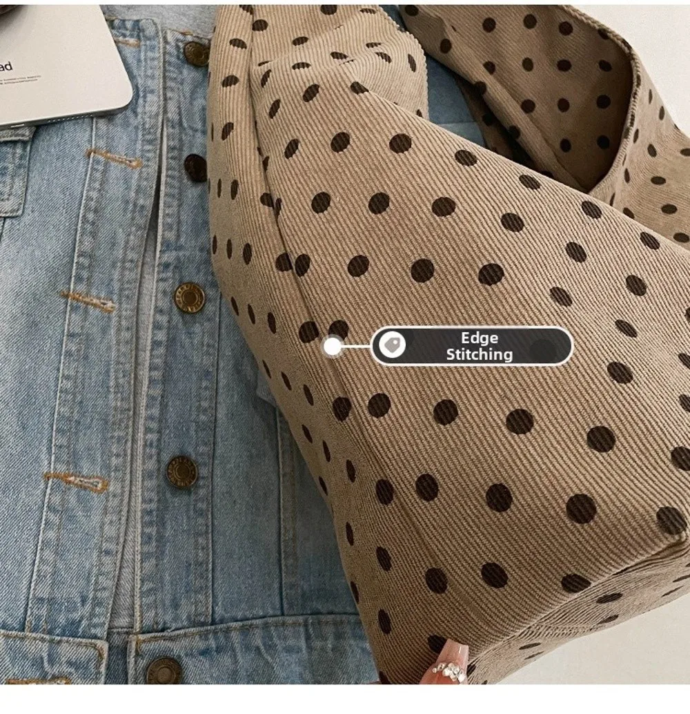 Neue Damenhandtasche mit Polka-Dot-Muster, lässige Umhängetasche aus Cord, große Tragetasche für den täglichen Pendelverkehr – Detail 4