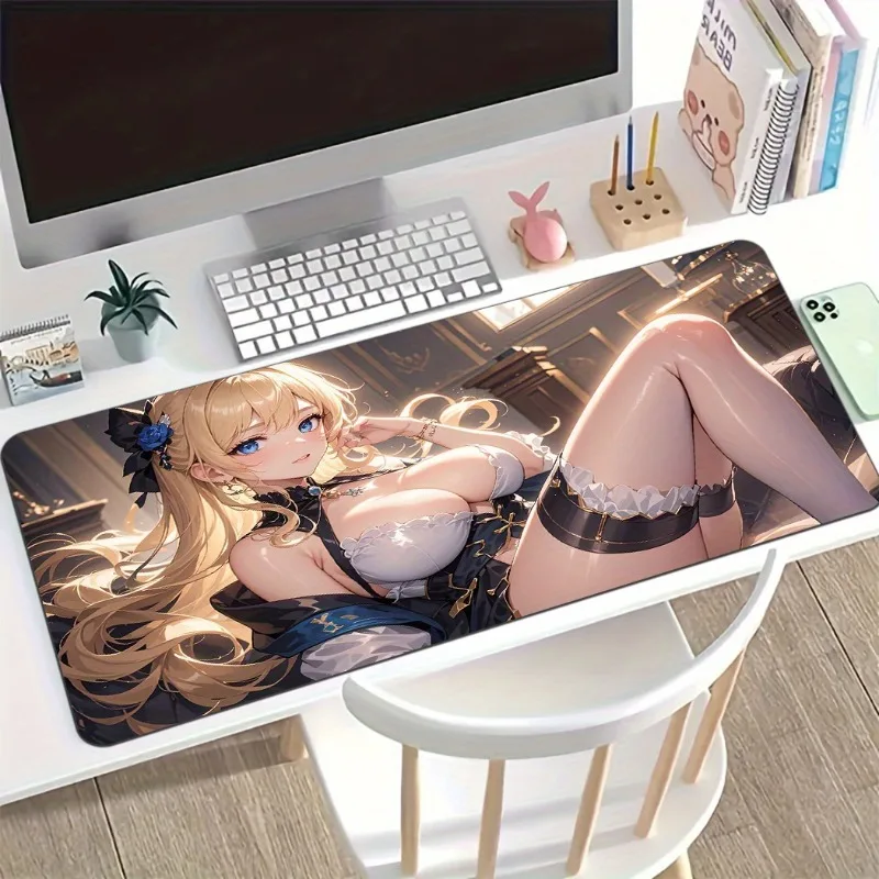 

Anime mouse pad XL gaming desk pad, featuring a spacious and energetic blue-haired girl,is suitable for both office and home use