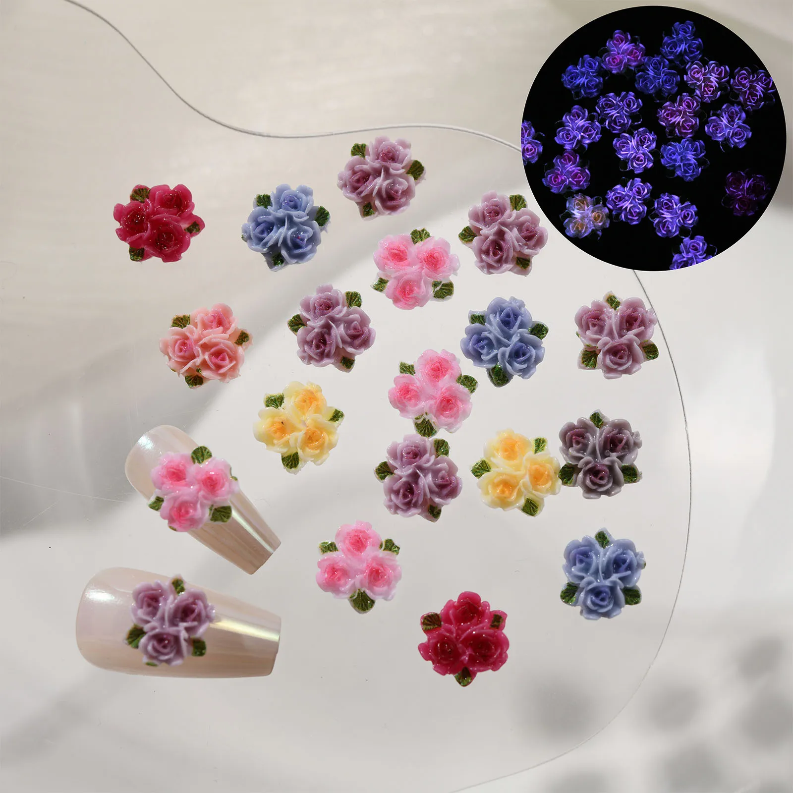 

DIY 3D Resin Flower Accessories for Nails with 20pcs in Romantic Rose Flower Nail Art Decoration Set with Night Glow Effect