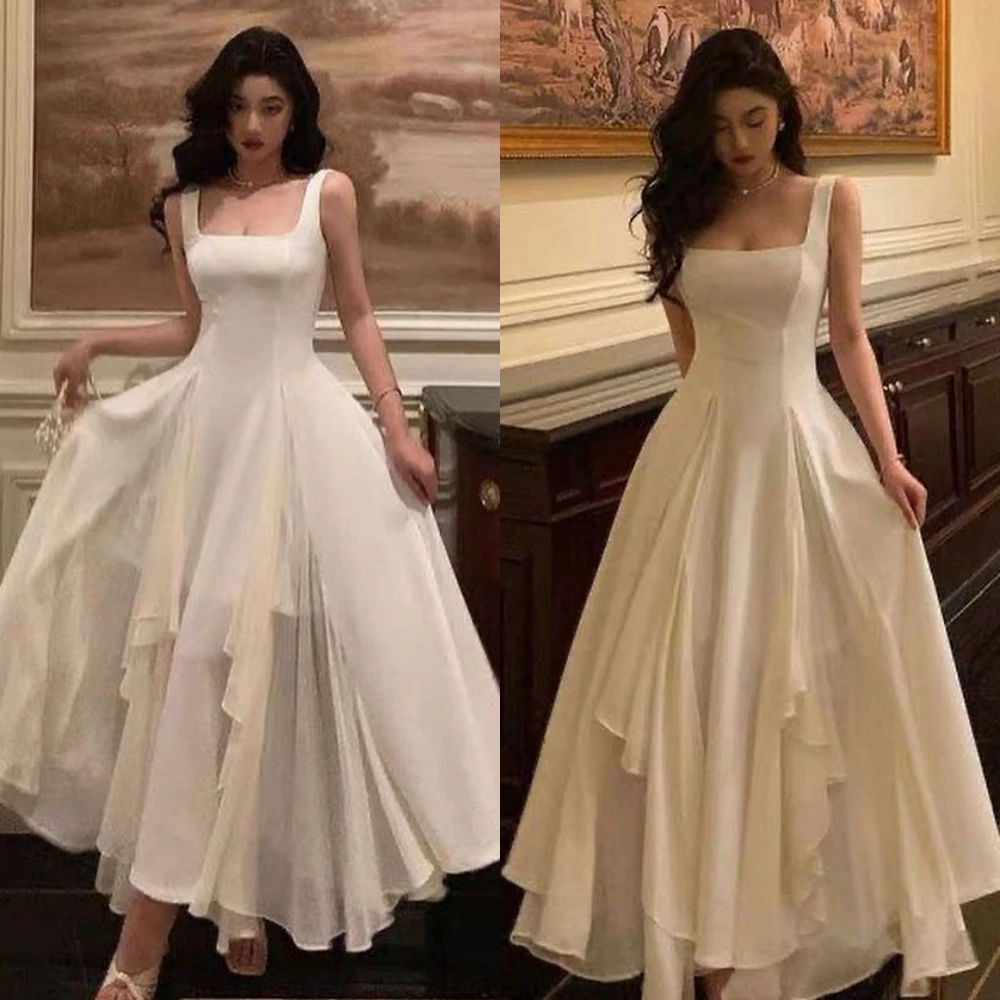 Customized Simple Prom  Sexy Casual  Square A-line Quinceanera Dress Anke length Draped Chiffon Evening  vestidos de coquetel