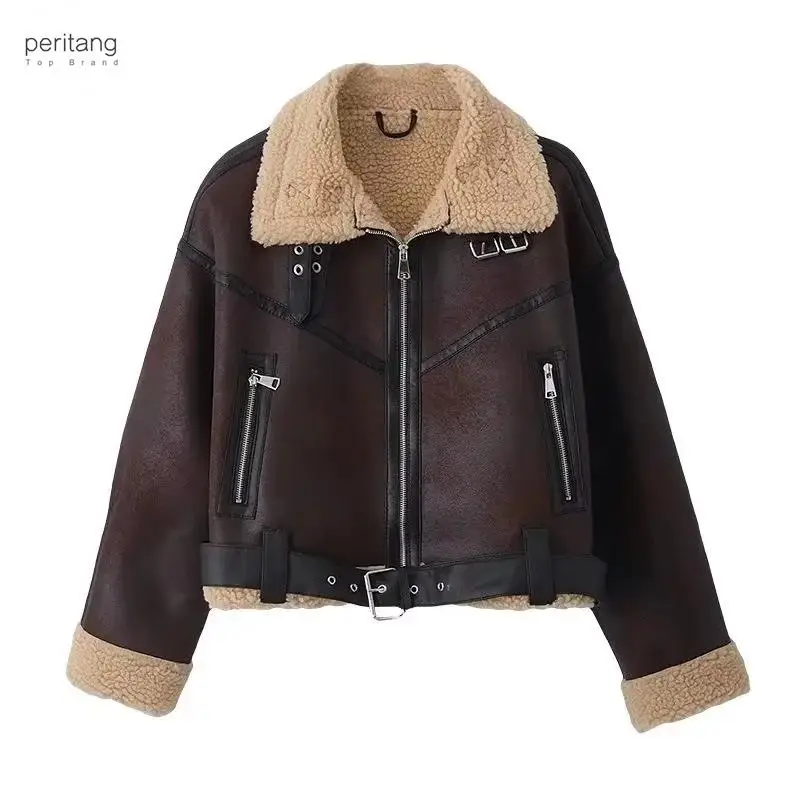 

Осенняя Женская модная Толстая теплая куртка PERITANG из искусственной овчины, пальто, винтажная женская верхняя одежда с длинным рукавом и поясом, шикарные топы