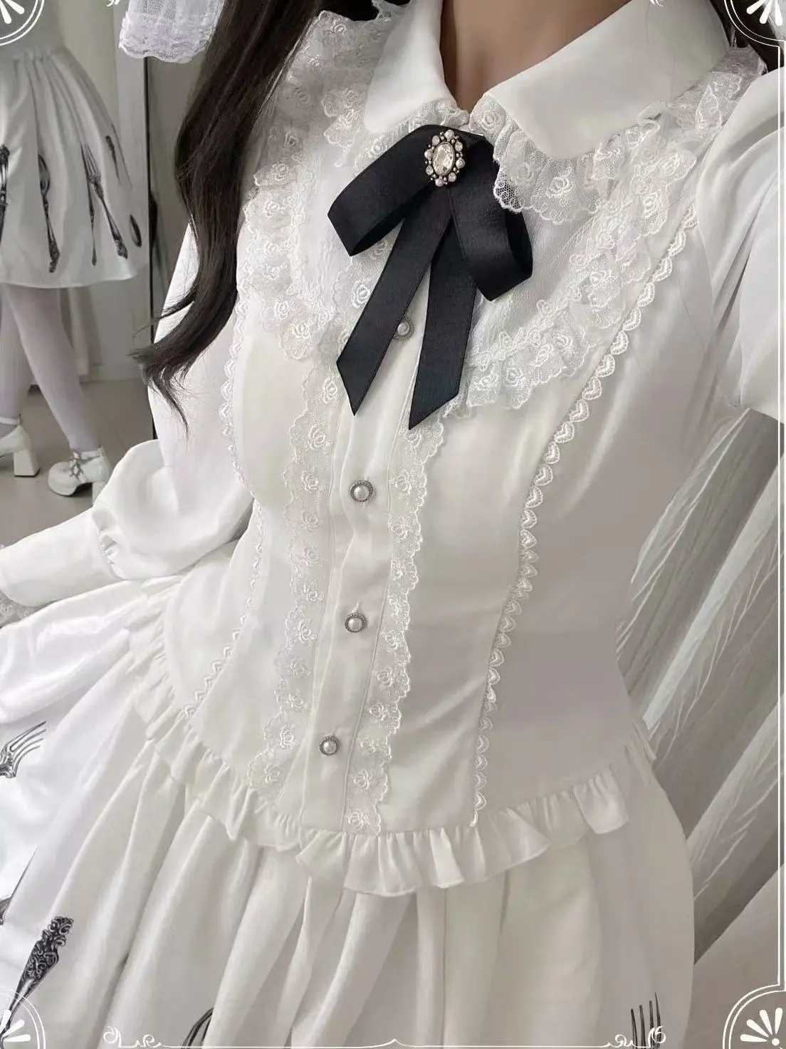 Harajuku Fashion Lolita Long Sleeve Blouse Female Y2K Retro Solid Shirt Cute Lace Splice Japanese Daily Casual Outfit - view 4