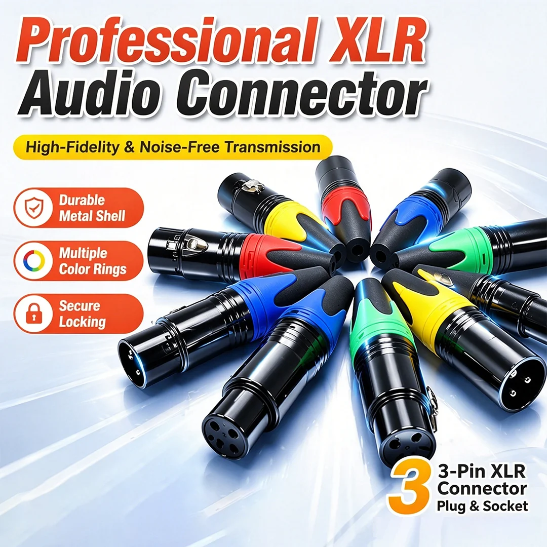 2pcs Gold-Plated Copper Pin 3-Pin XLR Connector, Professional Audiophile Mic Balanced Plug, Male & Female XLR Adapter