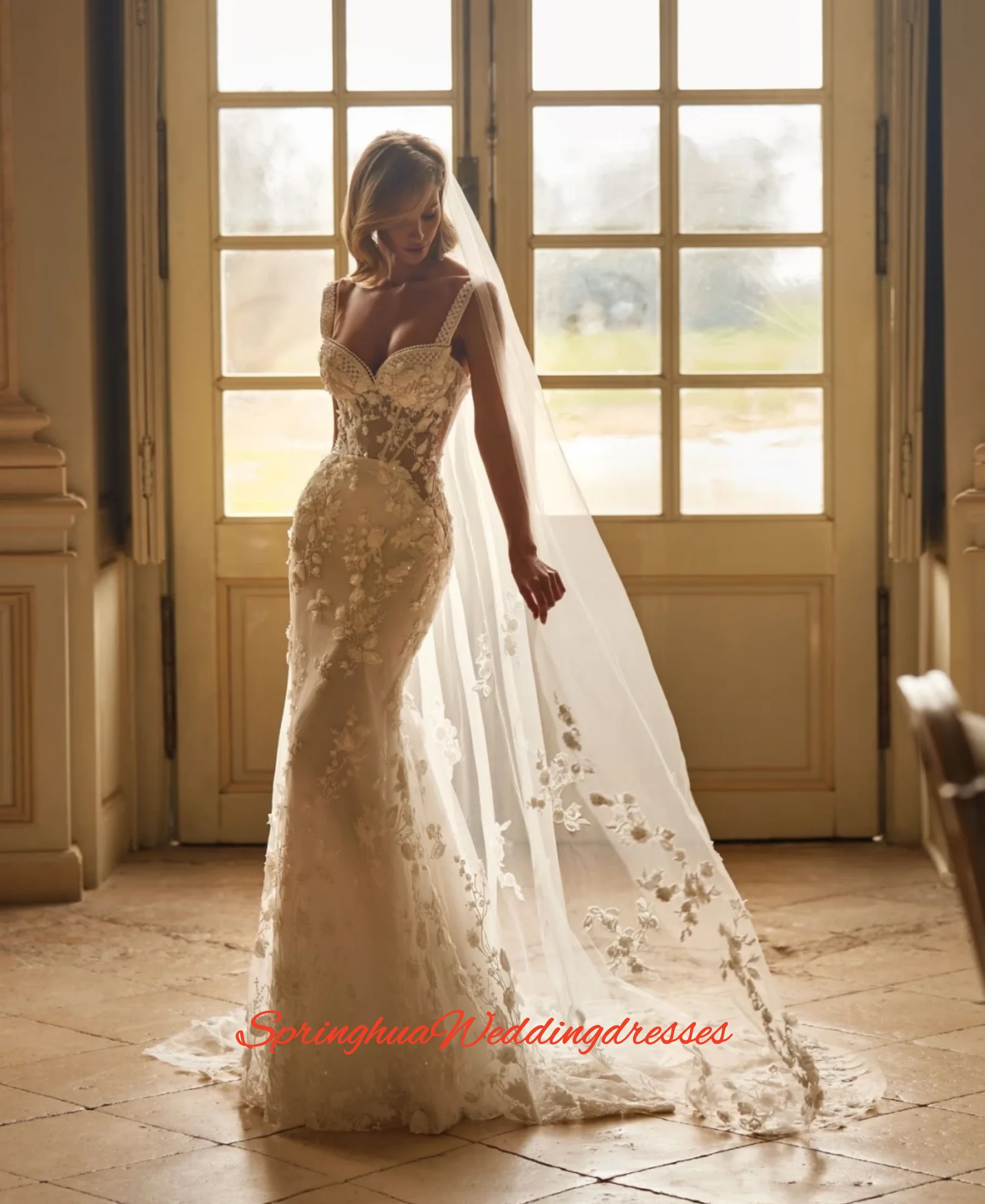 

Customzied Charming Mermaid Long Bride Robe Classic Lace Appliques 3D Flower Bridal Gown Weddding Dresses Vestidos De Noiva