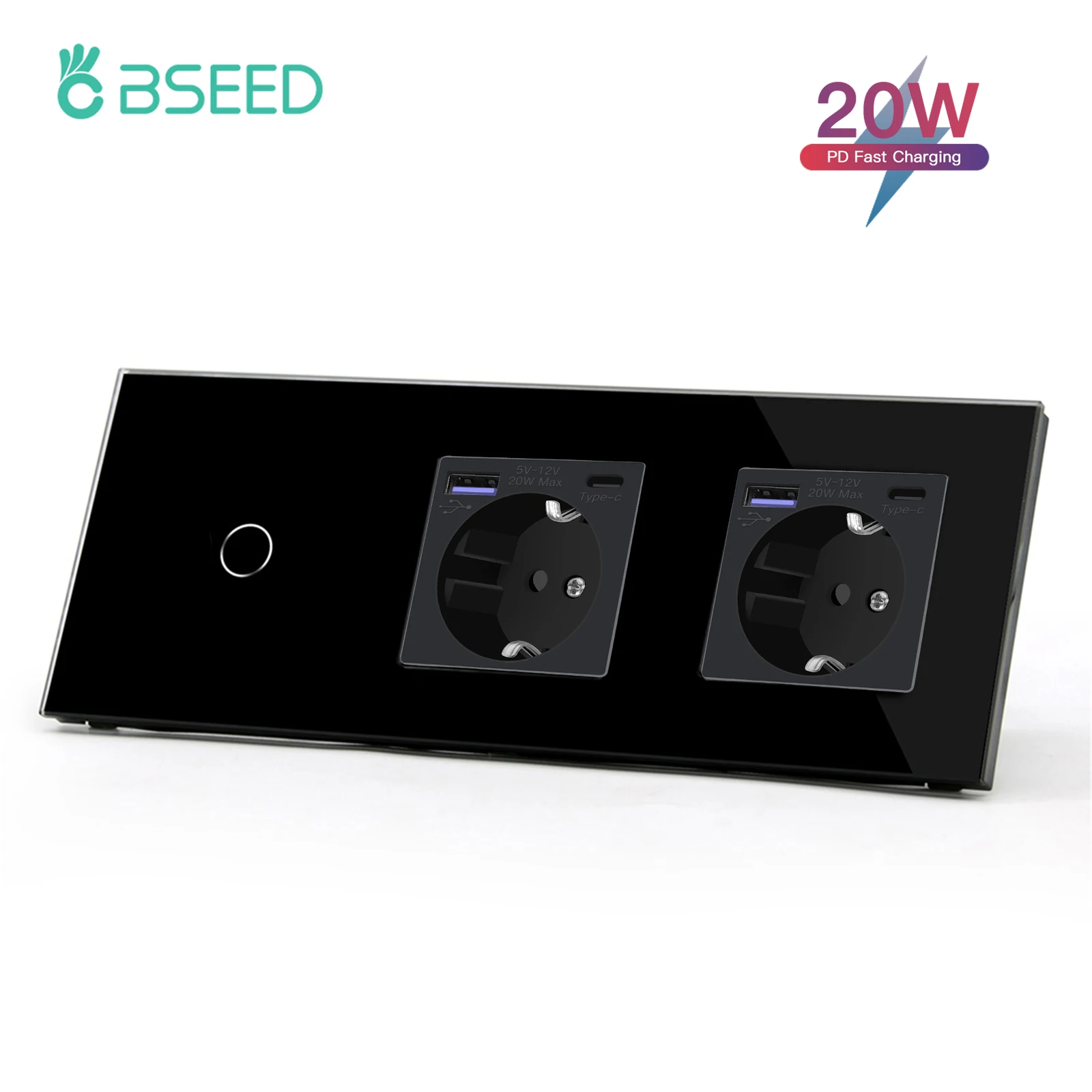 BSEED Touch Switch With Double EU Sockets Fast Charge 20W Wall Light Switch 1/2/3Gang 1Way Glass Backlight USB Phone Wall Socket