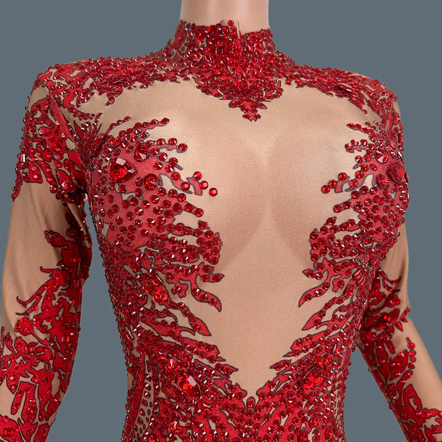 Sparkly Rhinestone Print Spandex Elastic Bodycon Jumpsuit Nightclub Party Stage Club Show Costume  Dance Skinny Wear Xiaotaohong