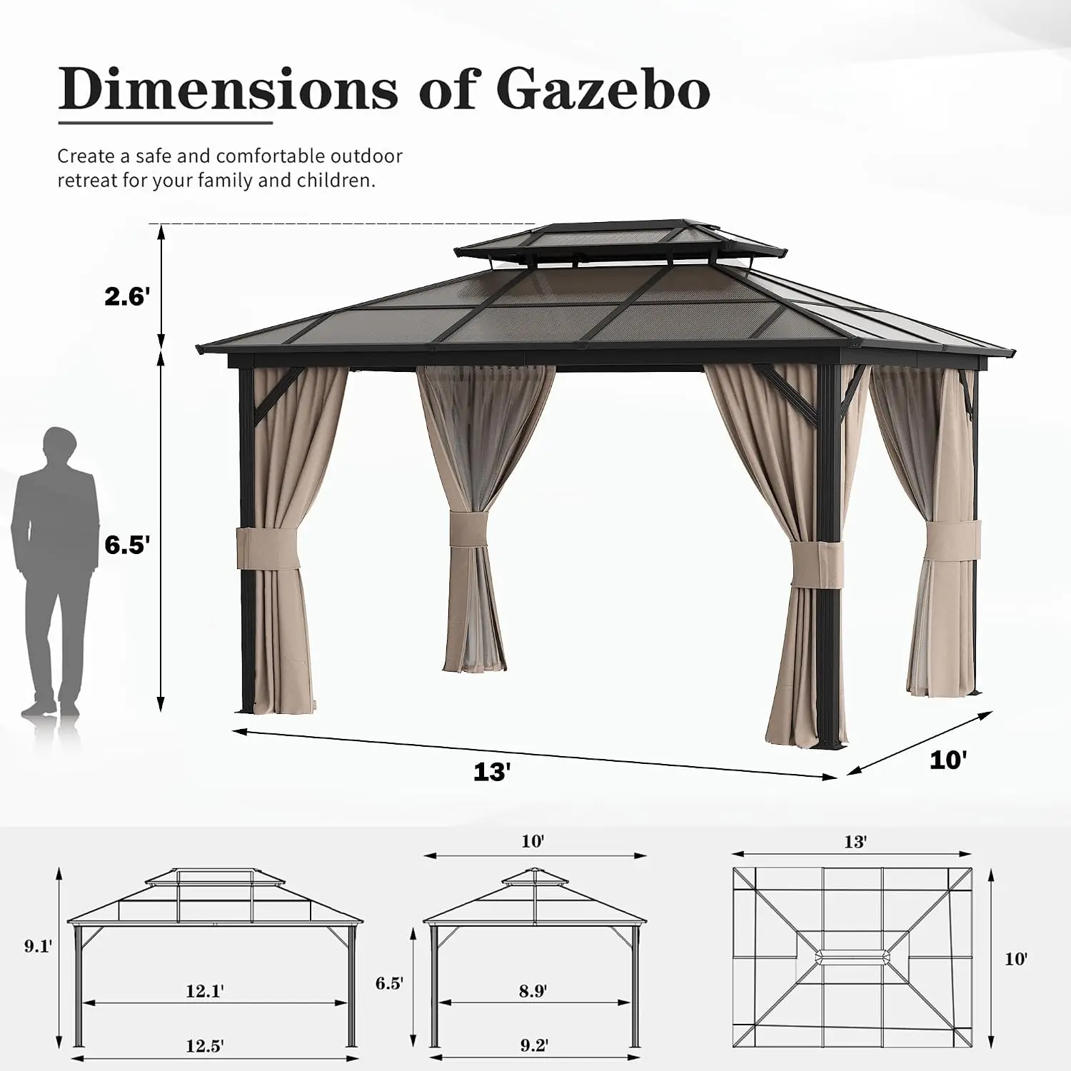 10'x13' Hardtop Gazebo, Outdoor Polycarbonate Double Roof Canopy, Aluminum Frame Permanent Pavilion with Curtains, Customized