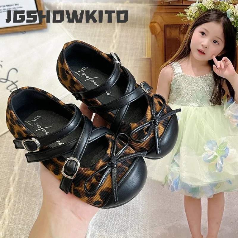 JGSHOWKITO Spring Autumn Little Girls Patchwork Flat Shoes Princess Leopard Kids Leather Shoes Children Mary Jane Shoes with Bow