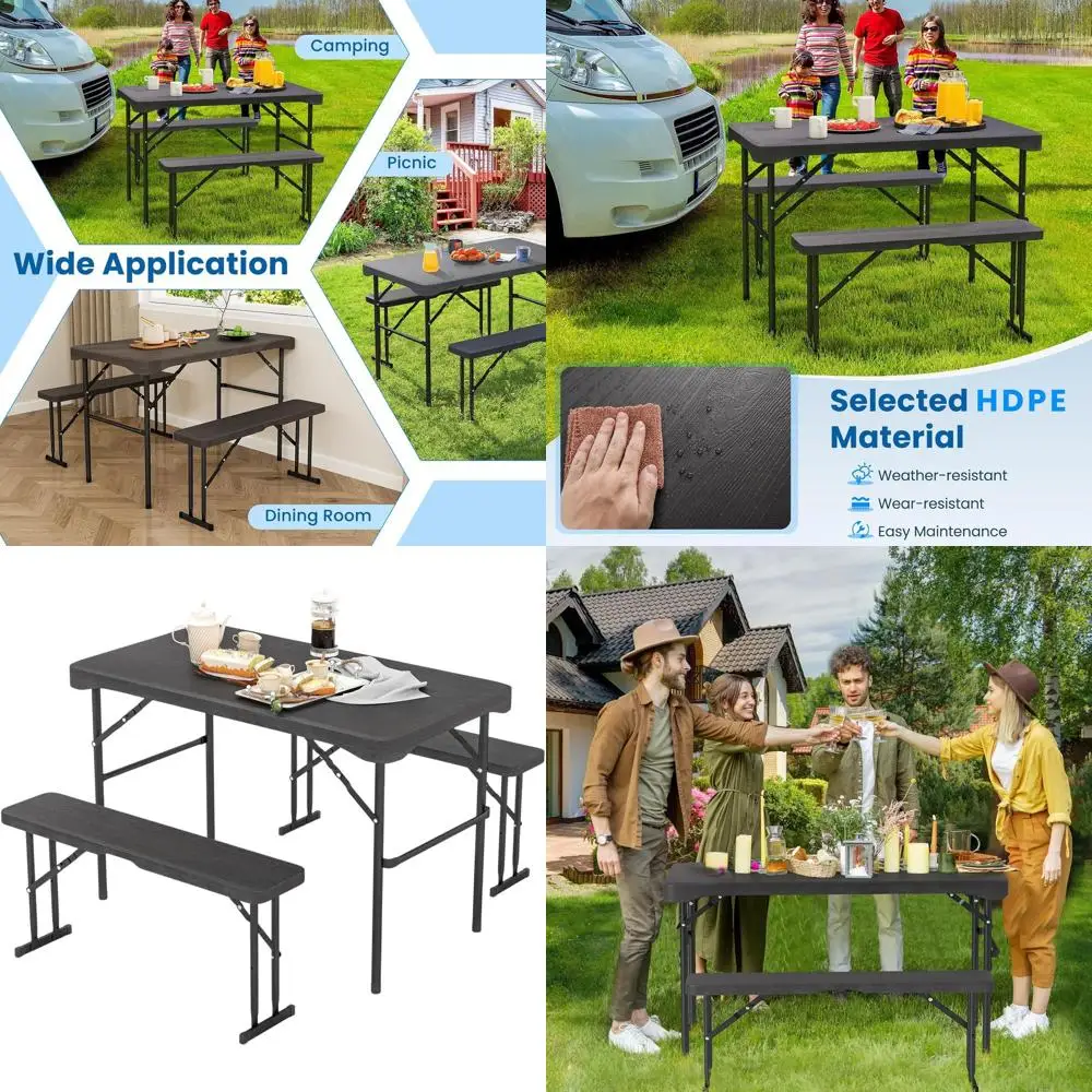 

Folding 3-Piece Picnic Table Set with HDPE Top, Metal Frame, Suitable for 4, Outdoor Indoor Use (Black)