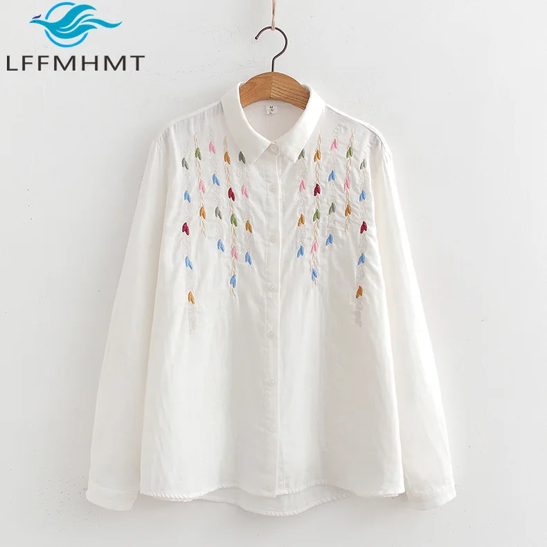 

Dual Layer Cotton Yarn Good Quality Soft Comfortable Embroidery Shirt for Women Female Long Sleeve Lapel Blouse Fashion Tops