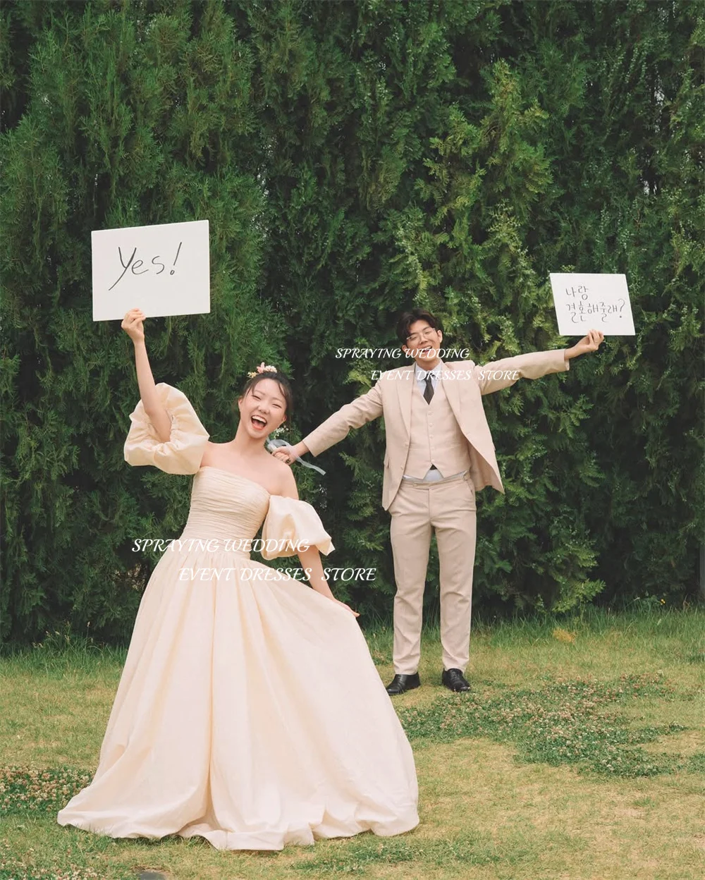 SPRAYING Simple taffetas une ligne longues robes de mariée corée séance Photo sans bretelles manches bouffantes robes de mariée Corset personnalisé 2026
