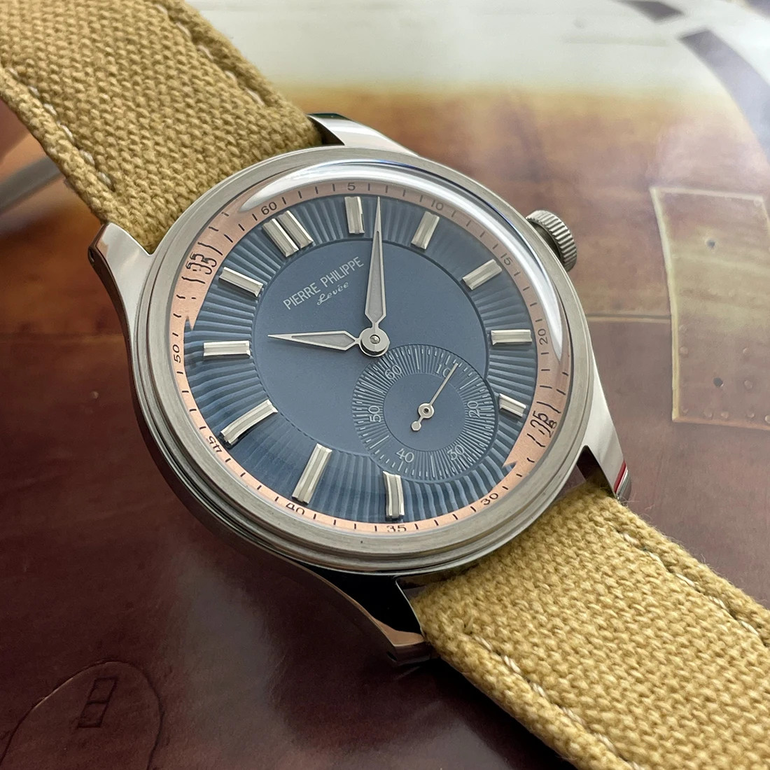 38mm ピエール・フィリップ フォーマルウォッチ ヴィンテージ ブルーダイヤル 夜光腕時計 メンズ 機械式 手巻き腕時計 ST17 レロッホ オンブレ