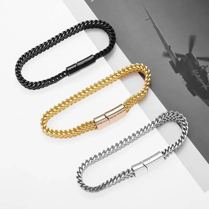 Classic Versatile Silver Color Chain Bracelet Men\\\'s Stainless Steel Bracelet with Metal Magnetic Buckle Bracelet