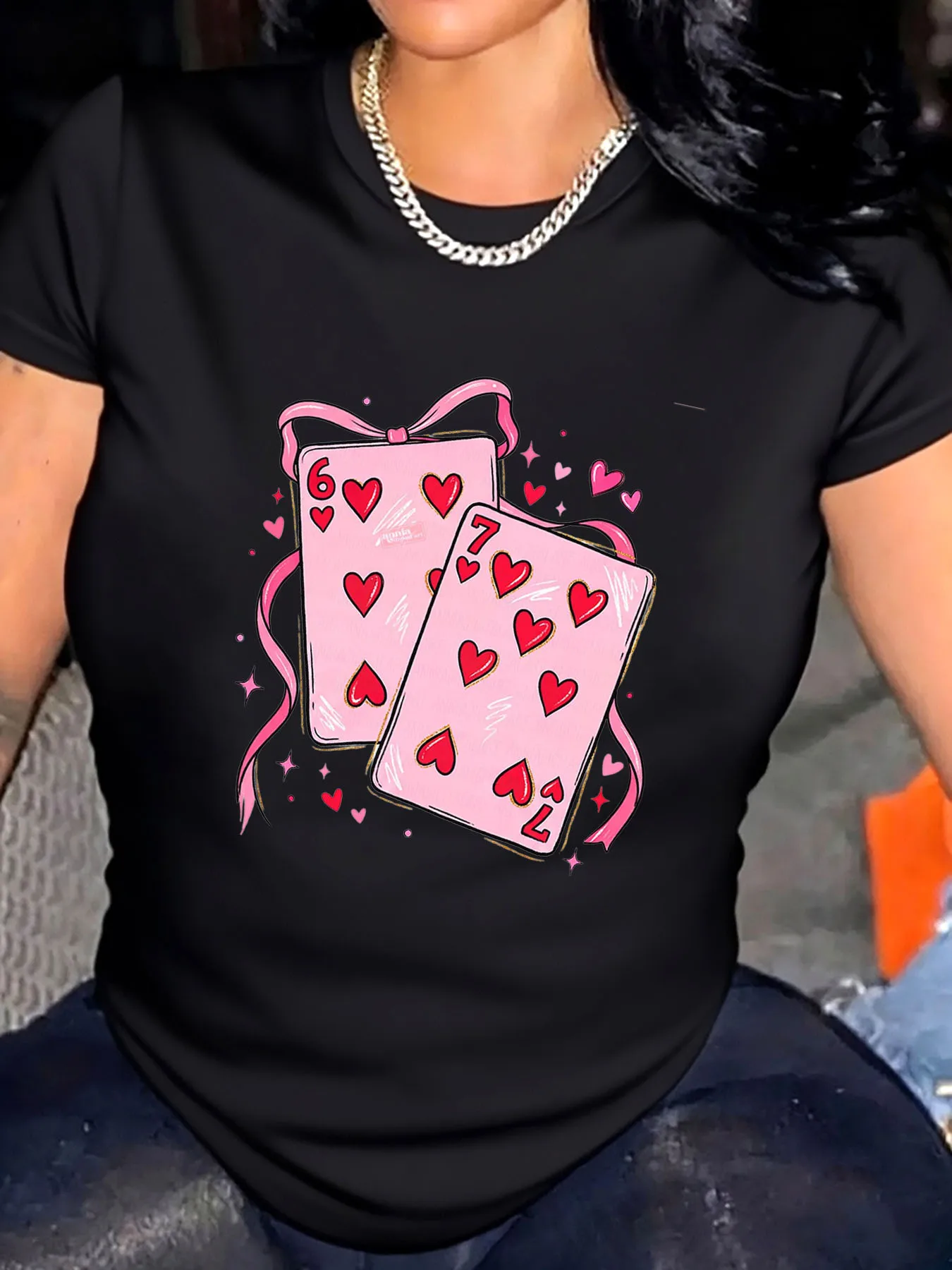 

Женская футболка больших размеров на День святого Валентина с розовыми сердечками, игральные карты, уличная одежда с принтом