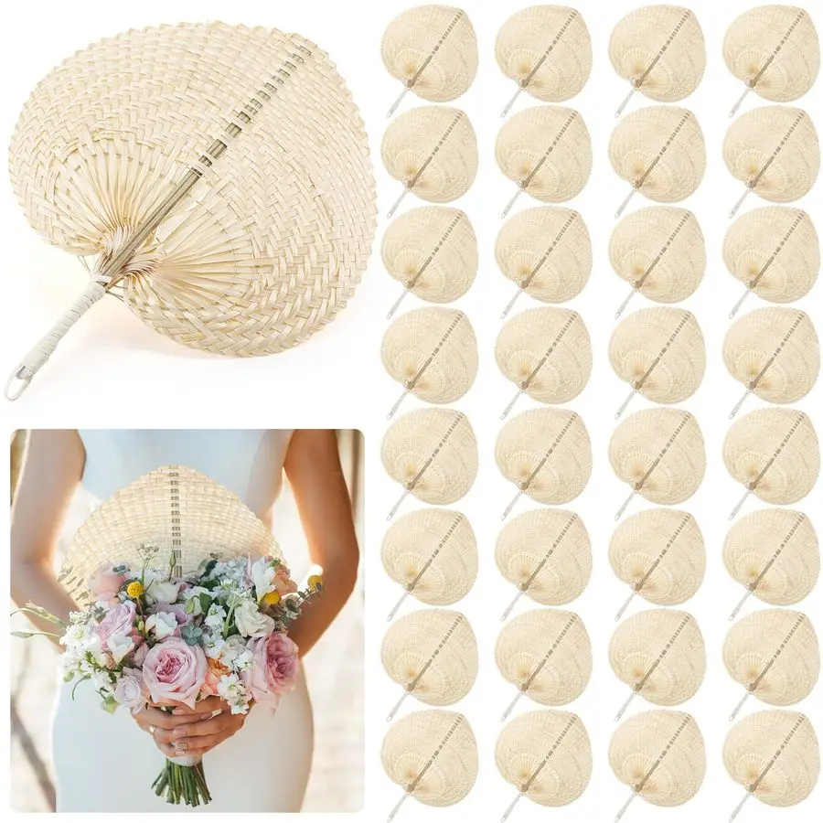 

32 Pieces Woven Bamboo Fans Handmade Hand Weaving Handheld Natural Raffia Hand Fans Bulk for Indoor Outdoor Summer Cooling Suppl