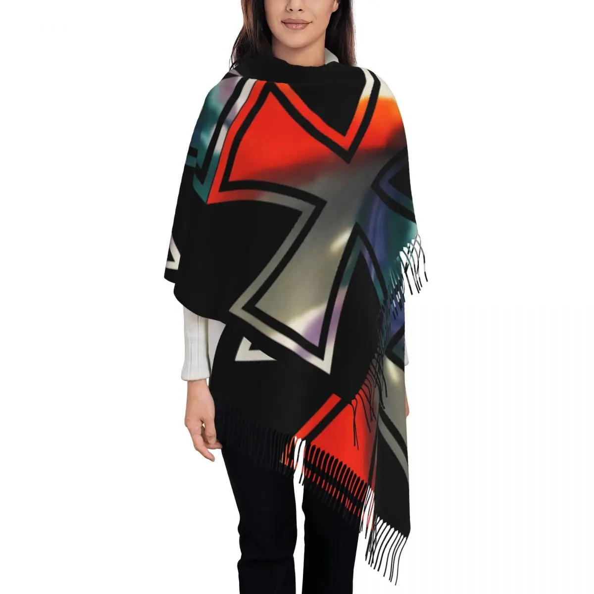 Iron Cross Tie Dye One Scarf Tassel Scarves Women Soft Warm Shawls and Wraps Long Fall Winter Shawl Wrap