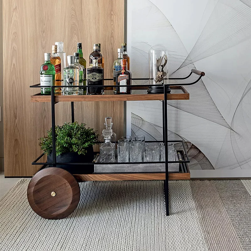 

Solid wood dining side table wrought iron side few bars, wine cart mobile shelf, red wine display stand, club dining side cabine