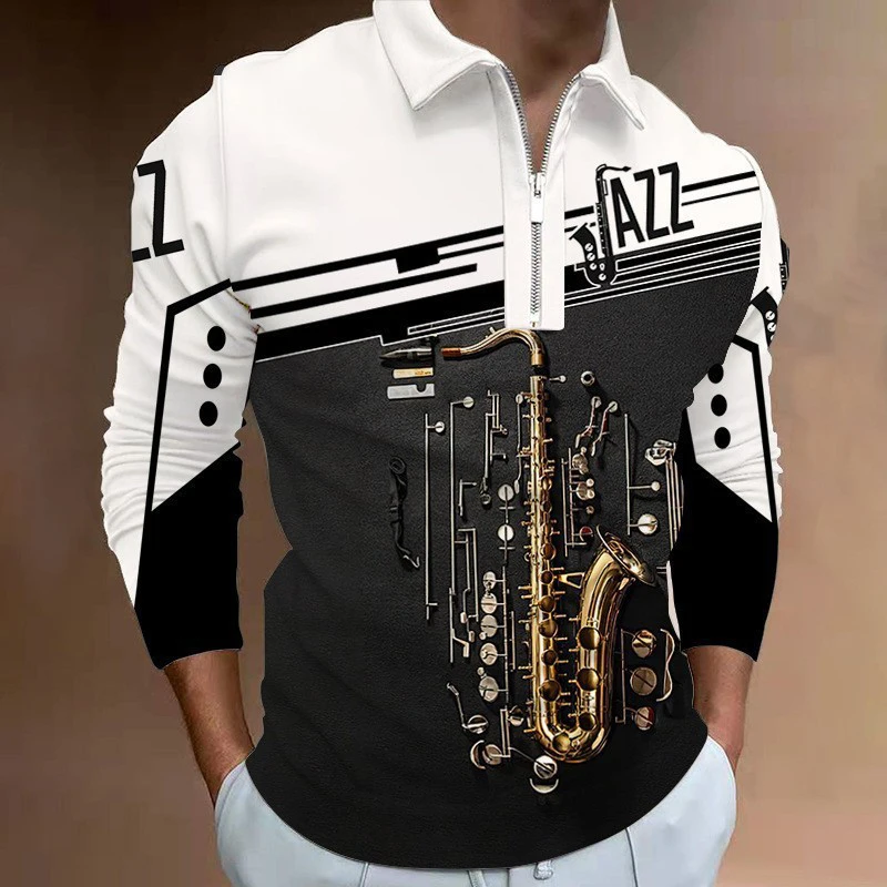 

Saxophone Musical Fashion 3D Print Polo Zipper Long Sleeve Shirt for Men Button Down Fashion Shirt