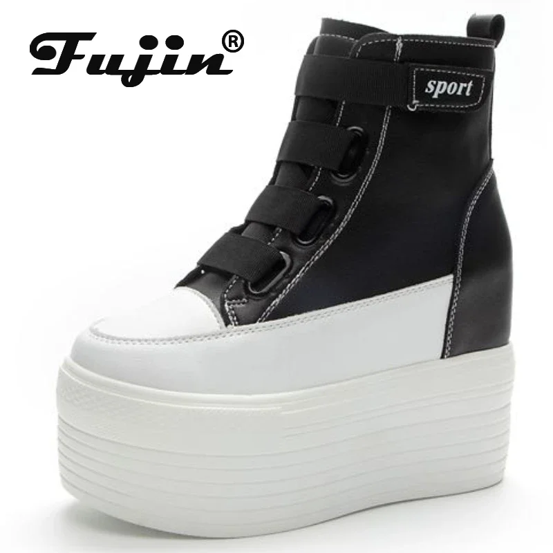 Fujin 10cm 12cm Women Casual PU Leather Ankle Boots Spring Autumn Shoes Chunky Sneakers Winter Plush Woman Platform Wedge Shoes