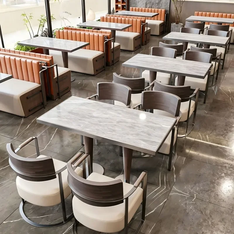 Commercial Stainless Steel Card Seat Sofa Dining Table Solid Wood Chair Set for Western Restaurant Cafe BBQ Shop Catering