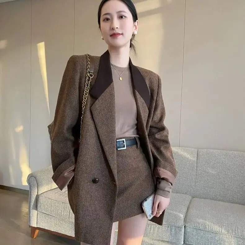 

Two-Piece Patchwork Design Women Suit Jacket And Skirt Loose Fashionable 2024 Autumn New High-End Suit